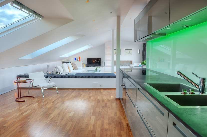 Kitchen Green Lighting Contemporary Loft Apartment In Stockholm