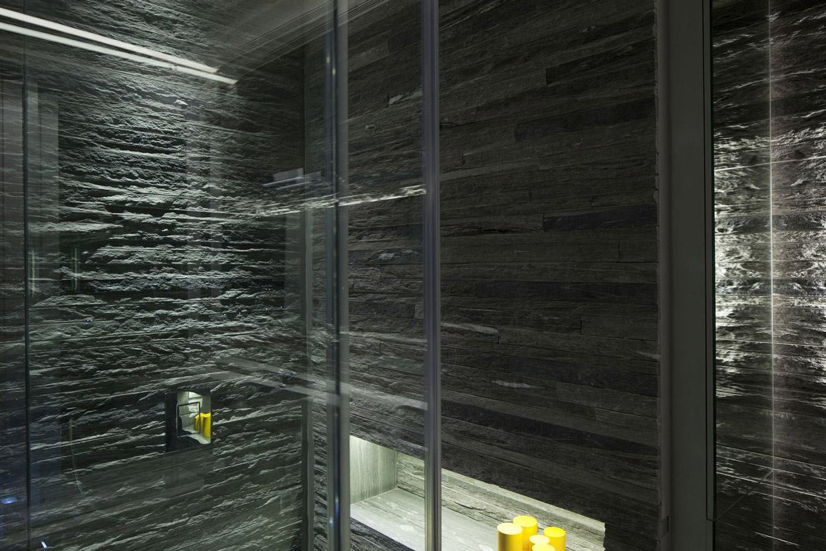 Bathroom Lighting Stone Tiles Glass Walls Elegant Apartment