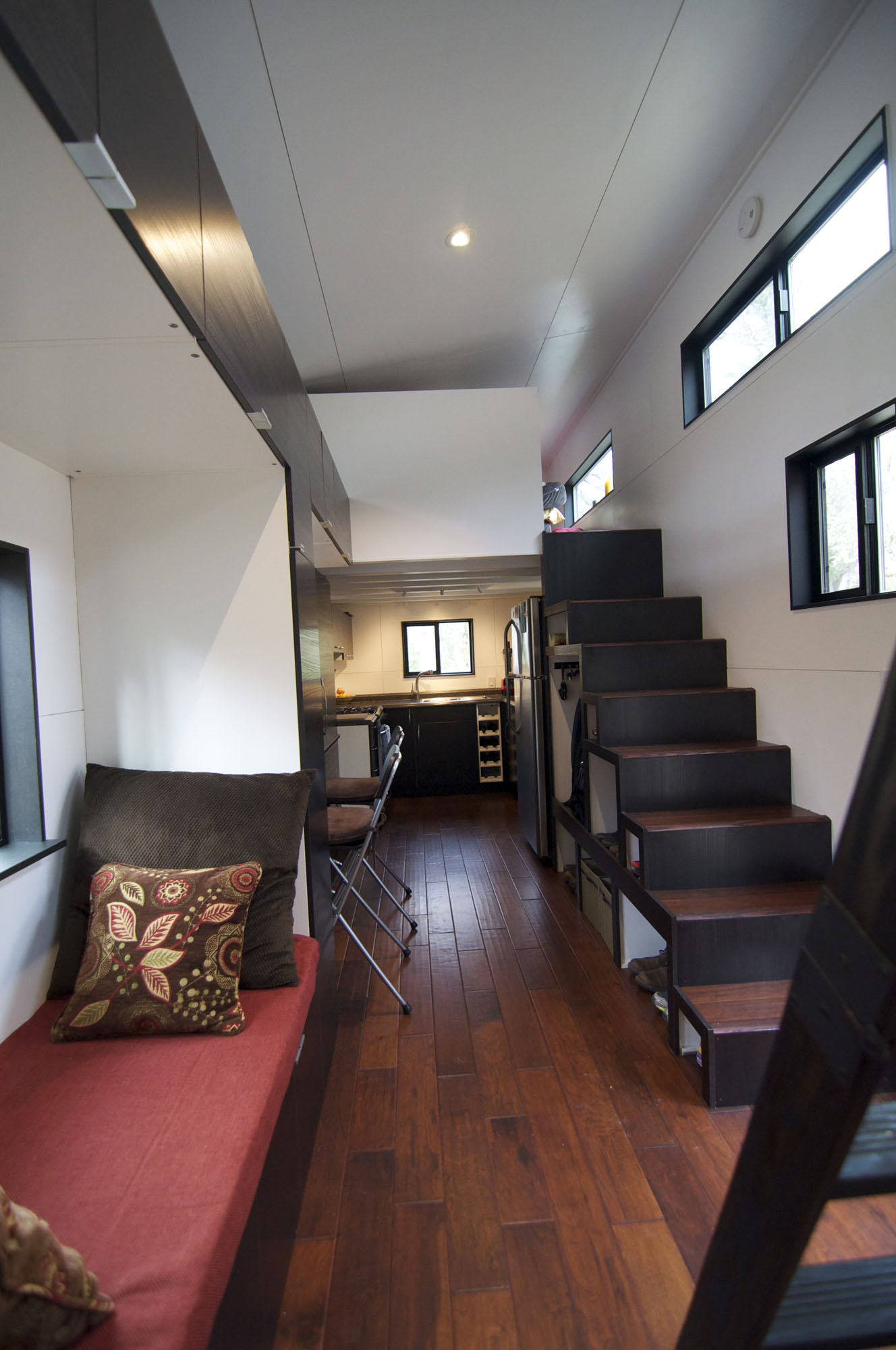 tiny wheels stairs living interior homes stair space gabriella morrison andrew modern inside trailer storage designs mobile layout lofts couple