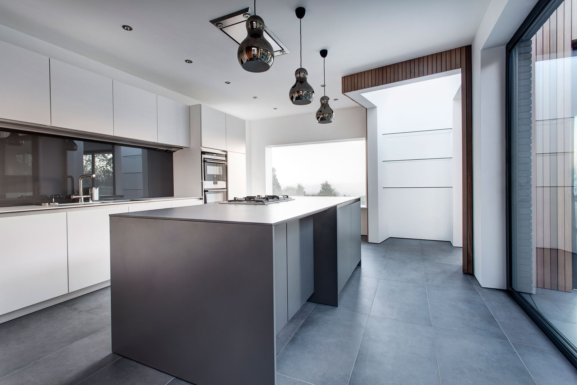 White & Grey Kitchen, Island, Pendant Lighting, Modern Home in
