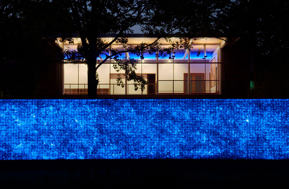 Recycled Glass Wall at Night, House in the Garden, Dallas by Cunningham Architects