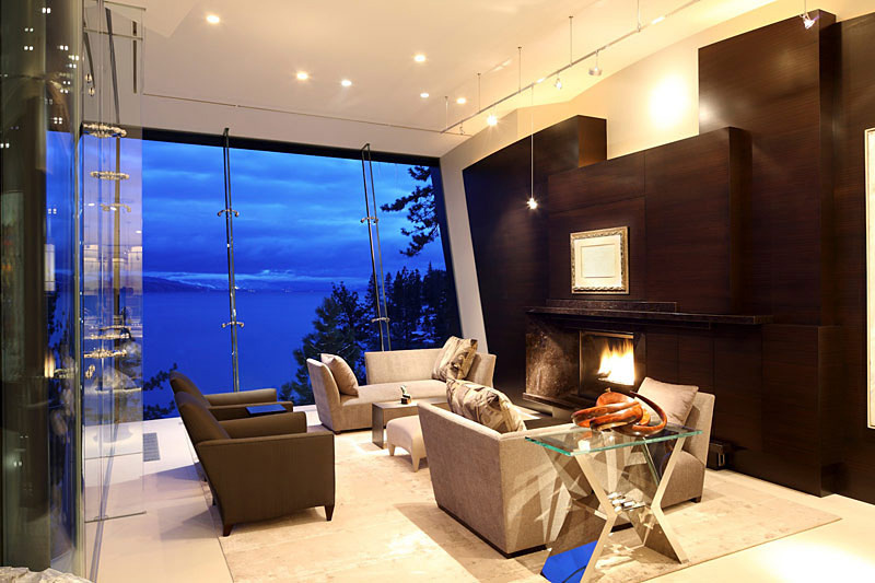 Living Space, Fireplace, Lake House, Lake Tahoe by Mark Dziewulski Architect