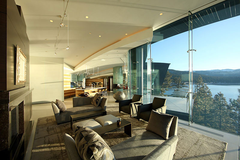 Living Space, Glass Walls, Lake House, Lake Tahoe by Mark Dziewulski Architect