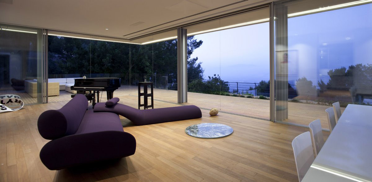 Purple Contemporary Sofa, Piano, Hillside House Overlooking the Hahula Valley, Israel