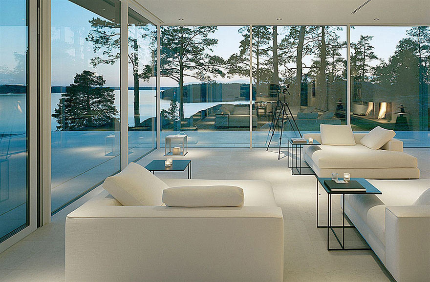 Living Room, White Sofas, Lake Views, Stunning Lake House in Sweden