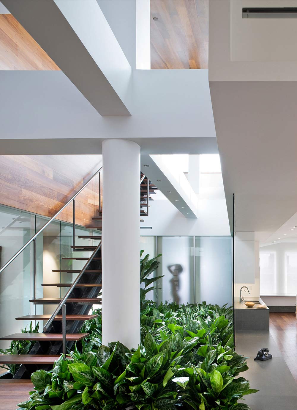 Stairs, Bathroom, Glass Walls, Contemporary Penthouse on Broadway in Manhattan