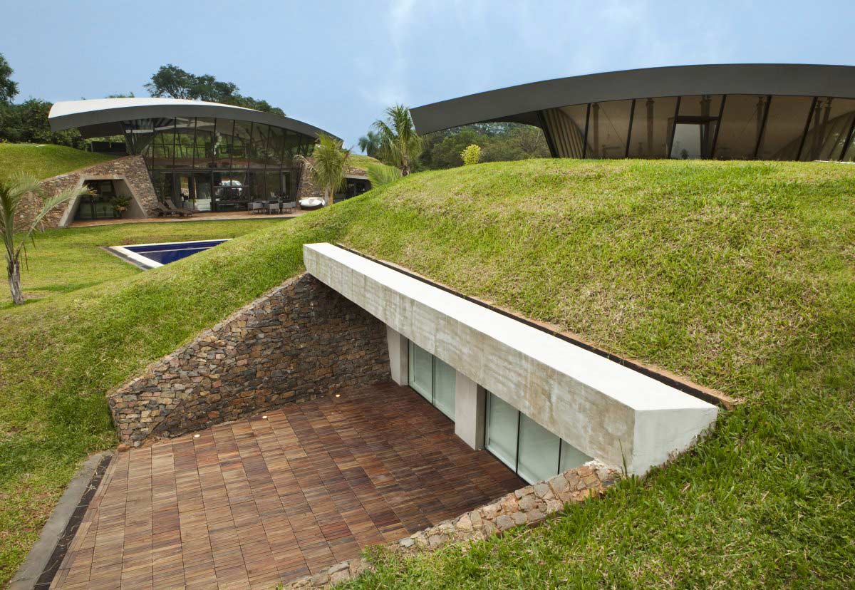 Terrace, Grass Mounds, Two Homes in Luque, Paraguay, by Bauen
