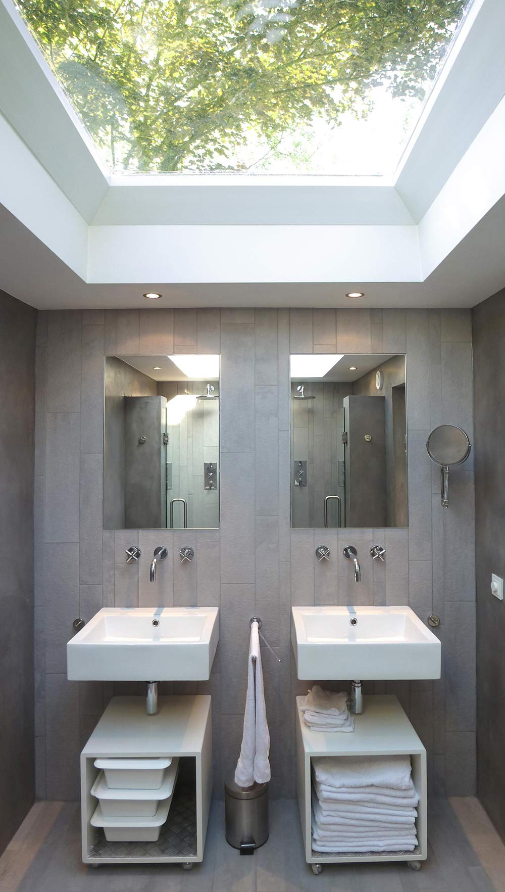 Grey Bathroom, Double Sinks & Showers, Unique Loft Conversion in The Netherlands