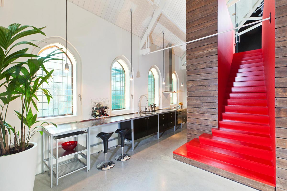 Kitchen, Red Staircase, Unique Loft Conversion in The Netherlands