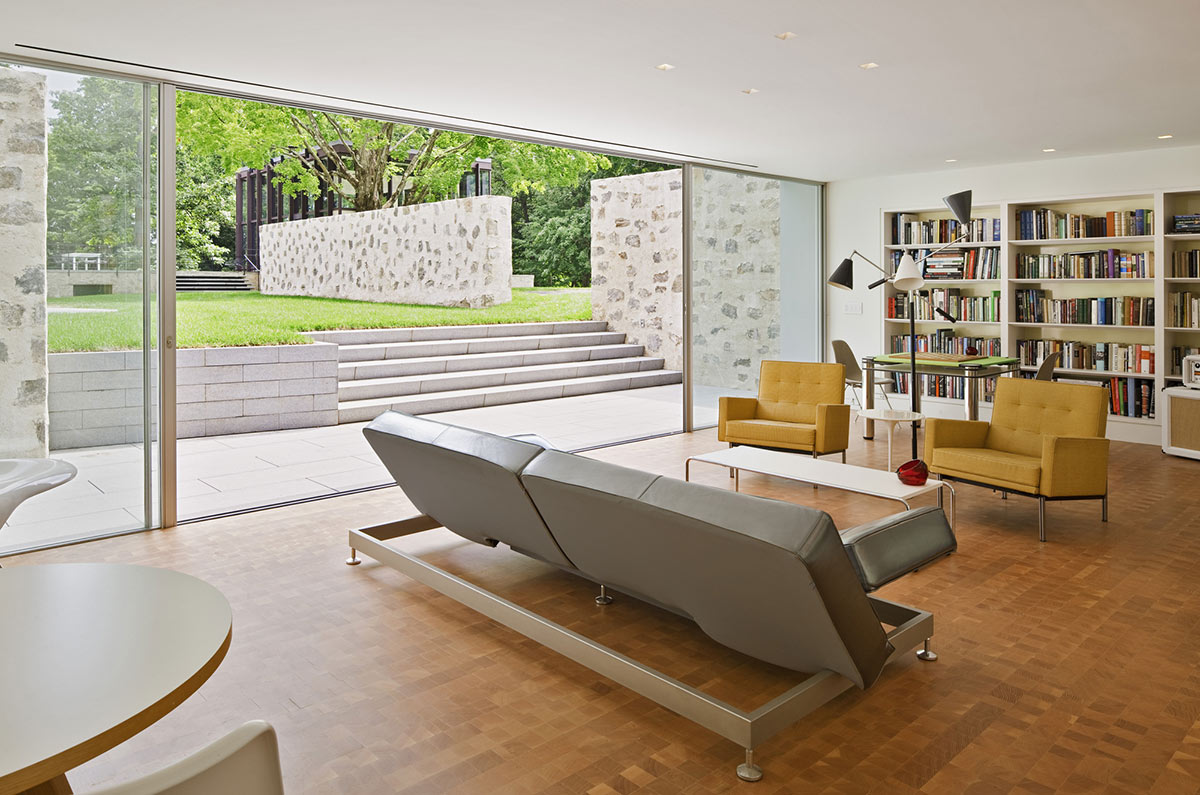Living Room, Grey & Silver Sofa, Robert C. Wiley House Originally Designed by Philip Johnson