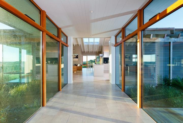 Hall, Glass Walls, Elegant Contemporary Home in Te Horo, New Zealand