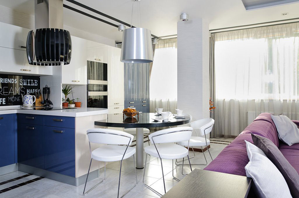 Kitchen, Blue Cupboards, Dining Space, Apartment Renovation in Odessa, Ukraine