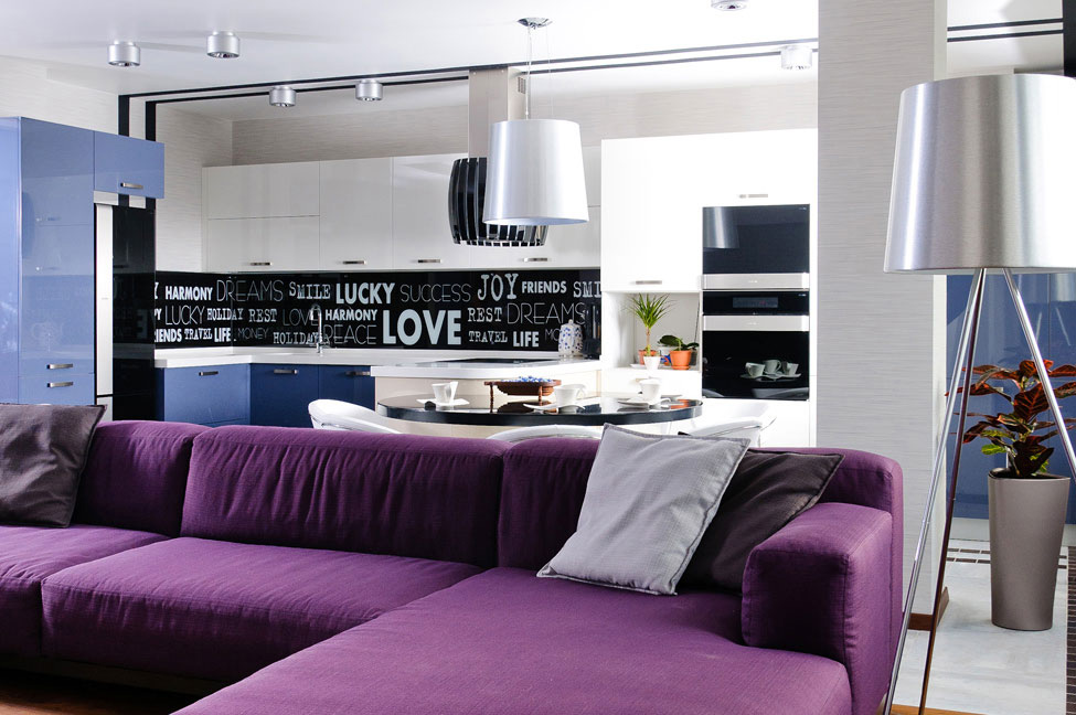 Kitchen, Dining, Purple Sofa, Apartment Renovation in Odessa, Ukraine