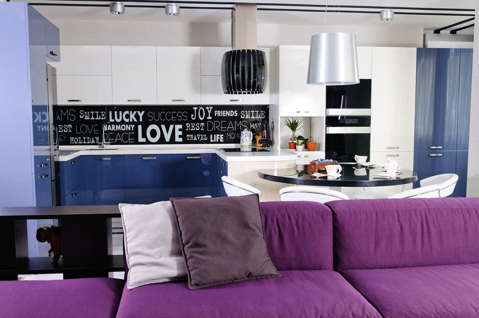 Kitchen, Dining Table, Purple Sofa, Apartment Renovation in Odessa, Ukraine