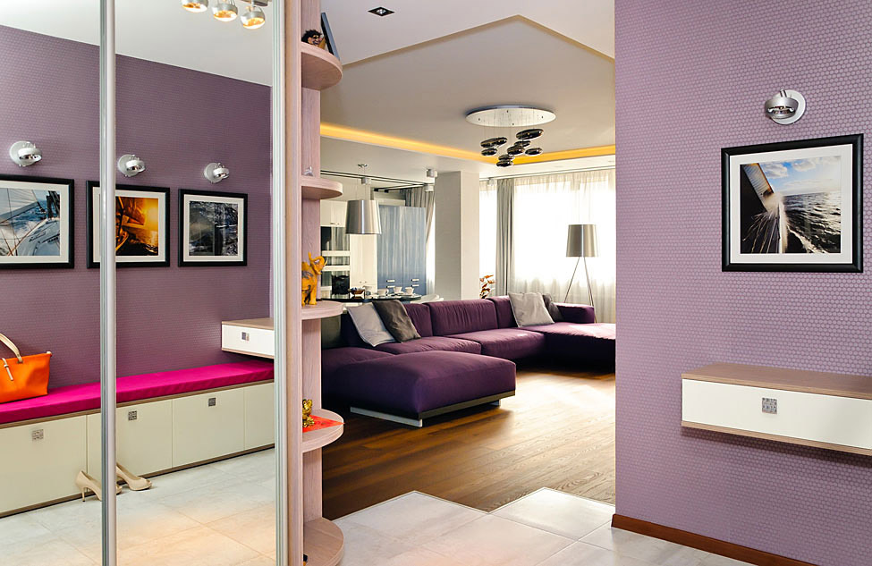 Mirror, Purple Sofas, Apartment Renovation in Odessa, Ukraine