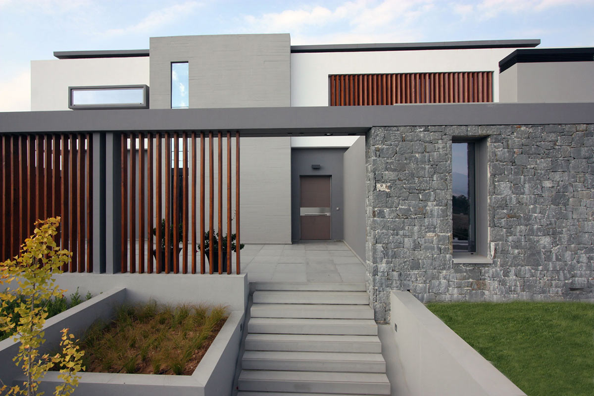 Entrance, Hilltop Home in Thessaloniki, Greece by Office 25 Architects