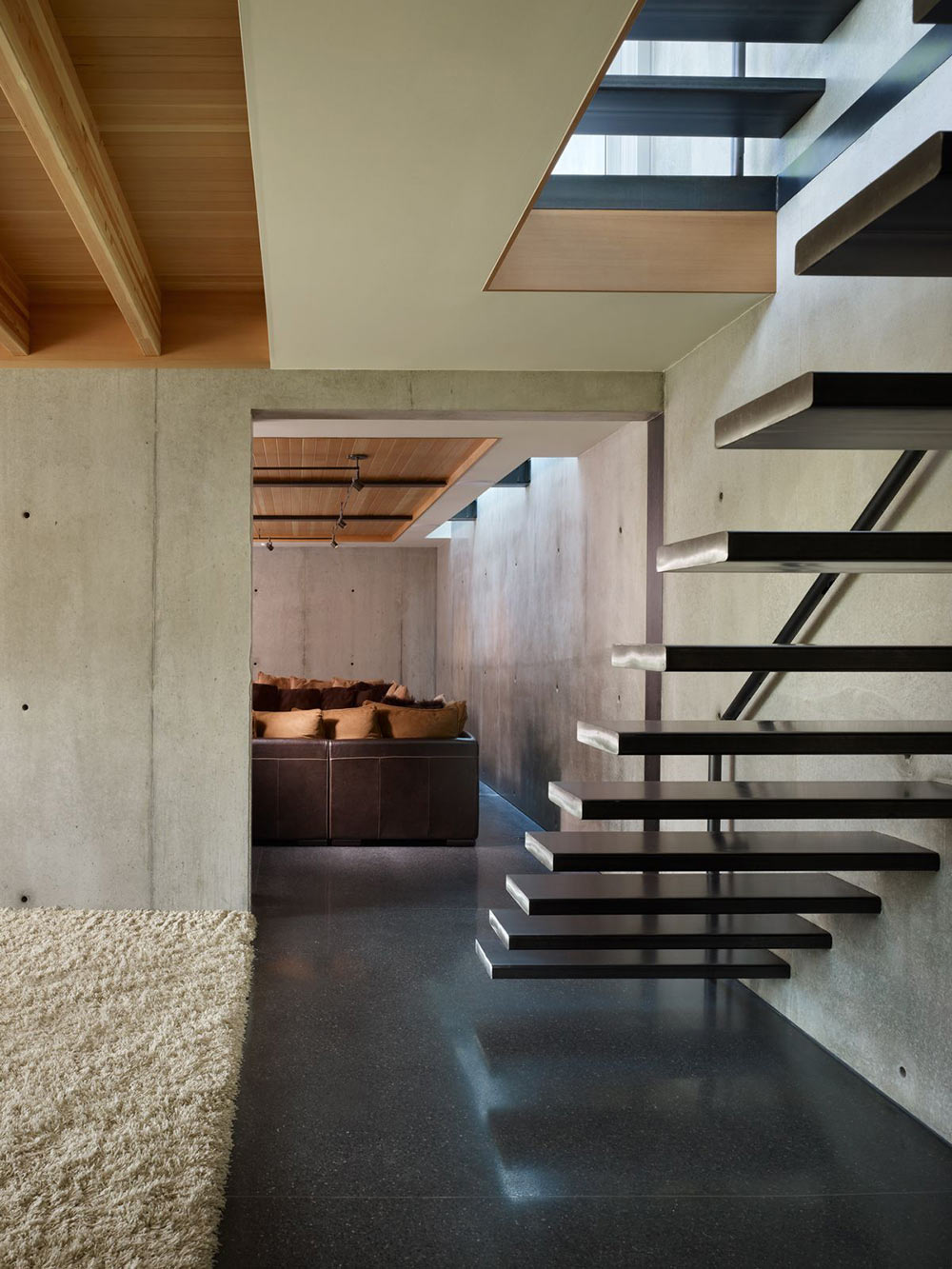 Rug, Stairs, Dark Floor Tiles, West Seattle Residence with Spectacular Inlet Views