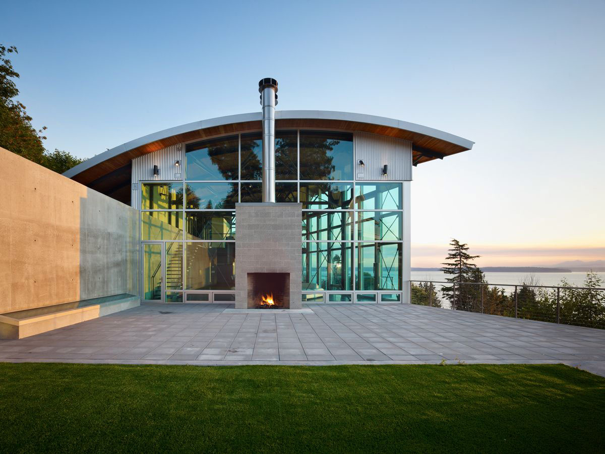 Terrace, Outdoor Fireplace, West Seattle Residence with Spectacular Inlet Views