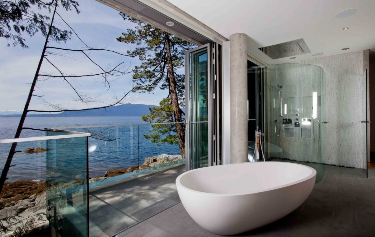 Bathroom, Views, Glass Wall, Pender Harbour House in Pender Harbour, BC, Canada