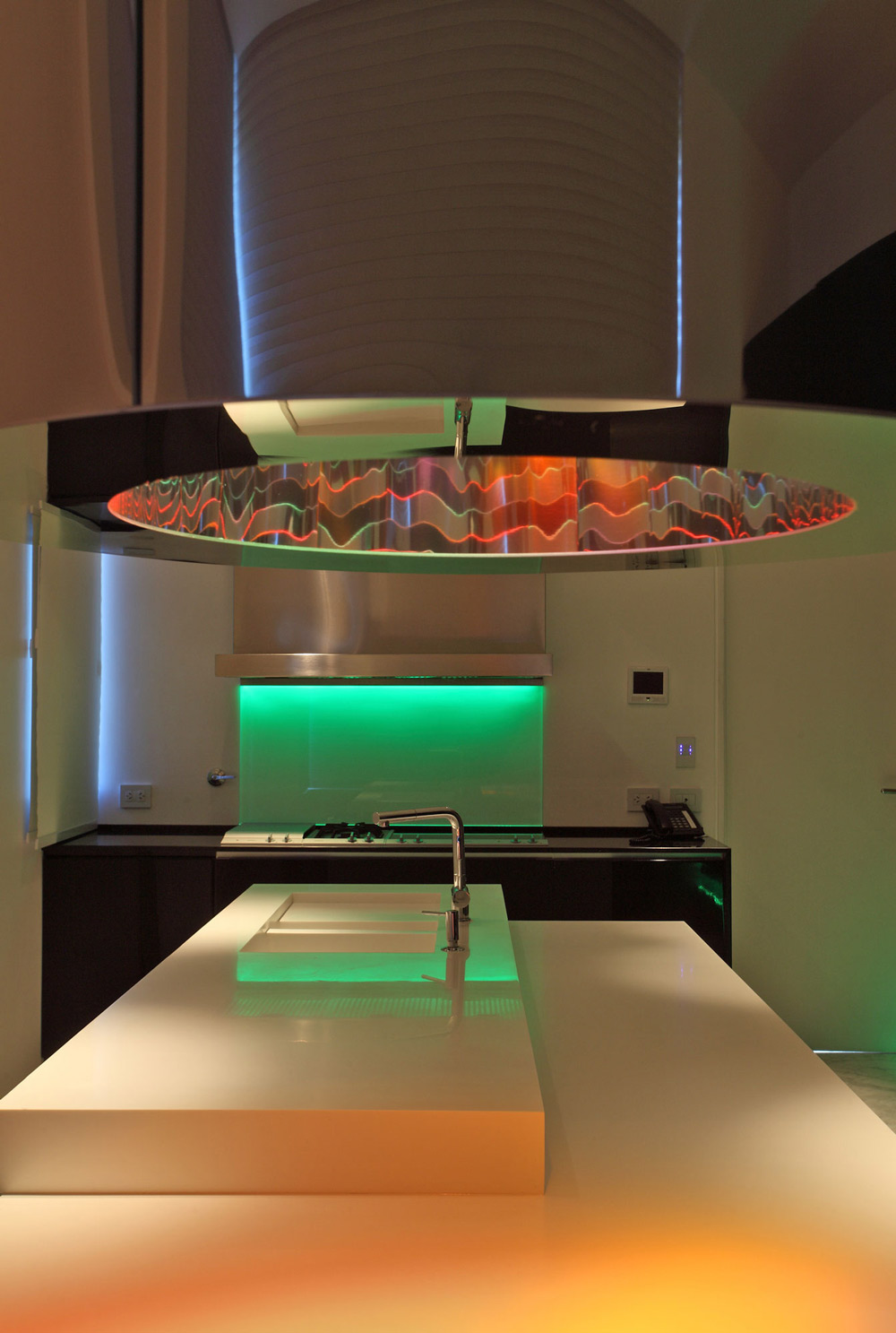 White Kitchen Island, Green Lighting, Modern Apartment in Buenos Aires, Argentina by vEstudio Arquitectura