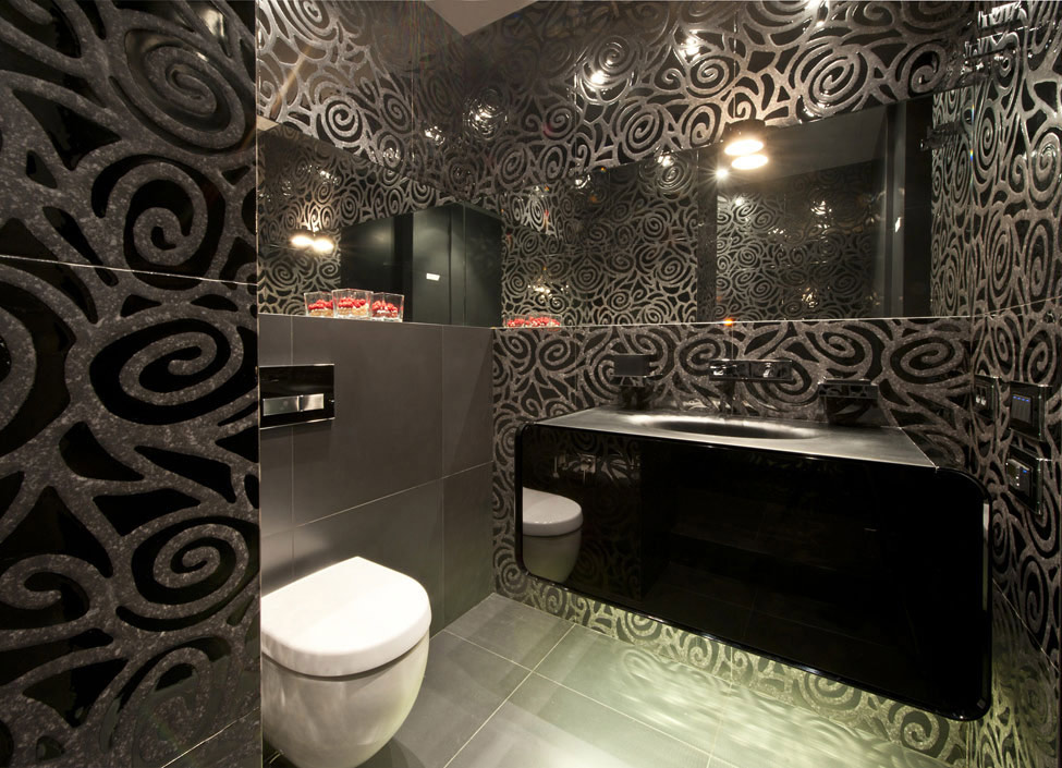 Bathroom, Dark Pattern Tiles, Apartment in Zelenograd, Russia by Alexandra Fedorova