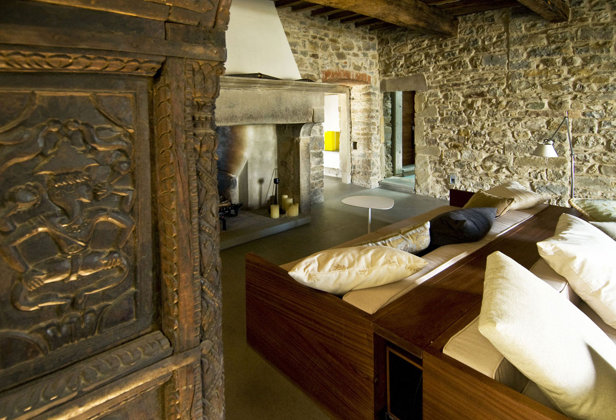 Stone Walls, Large Fireplace, Sofa, Torre Moravola Boutique Hotel in Montone, Italy