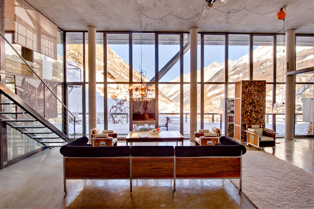 Log Store, Glass Wall, Mountain Views, Heinz Julen Loft in Zermatt, Switzerland