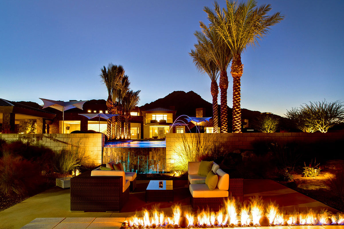 Contemporary Fireplace, Sofas, Lighting, Ironwood Estate in Paradise Valley, Arizona by Kendle Design Collaborative