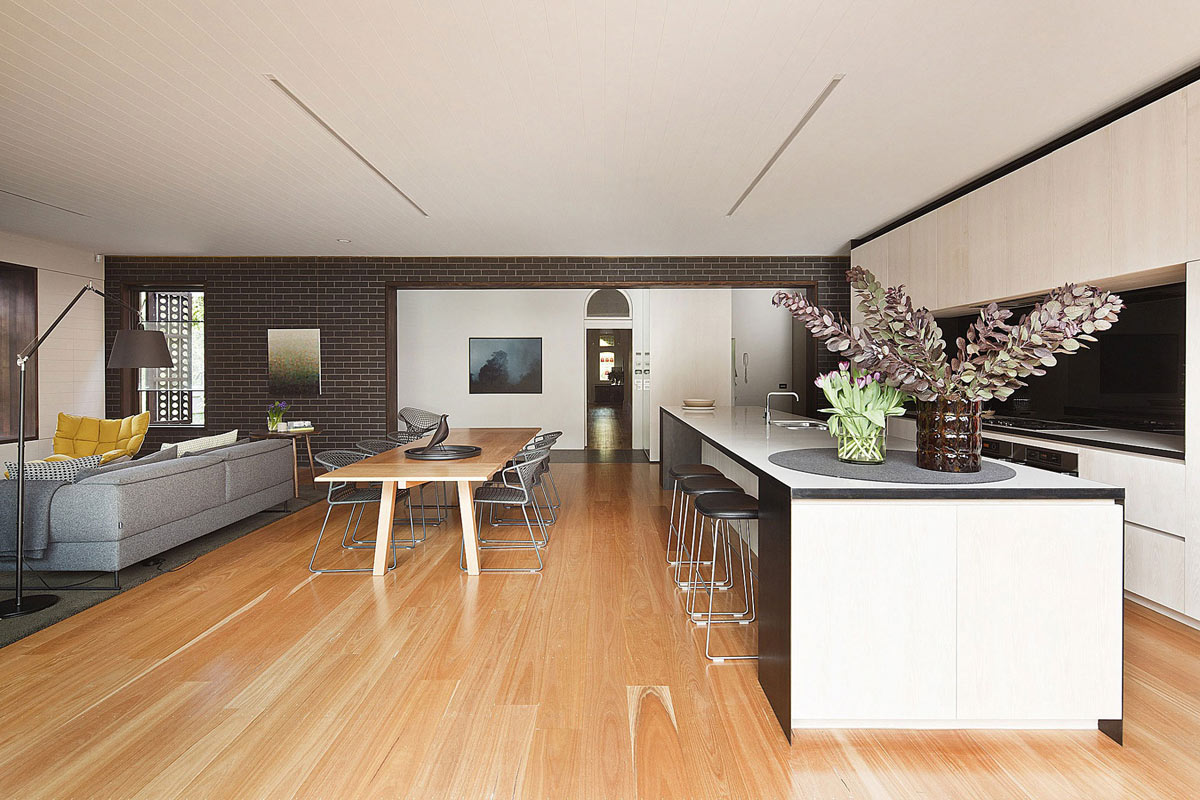 Kitchen, Breakfast Bar, Island, Dining Table, Twin Peaks House in Hawthorn, Australia by Jackson Clements Burrows