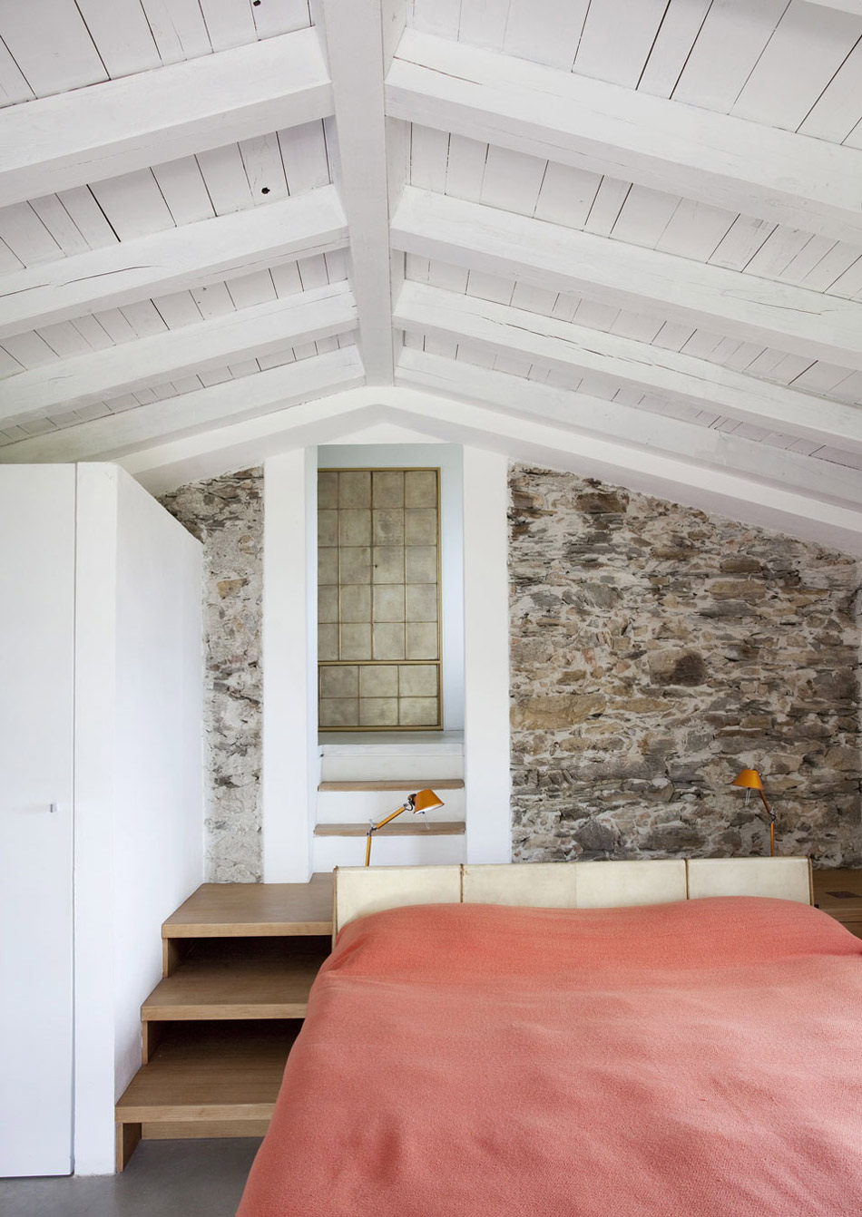 Bedroom, Stone Wall, Farmhouse in Riomaggiore, Italy by A2BC Architects and SibillAssociati