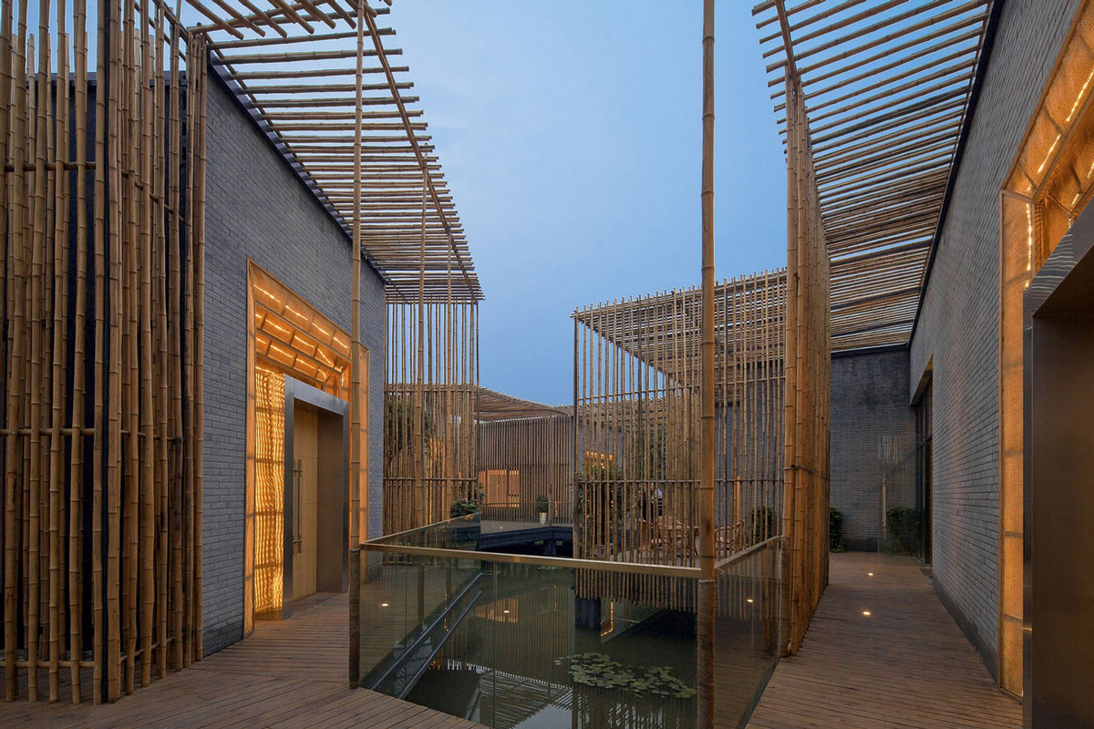 Glass Balustrading, Lighting, Floating Bamboo Courtyard Teahouse in ShiQiao, China