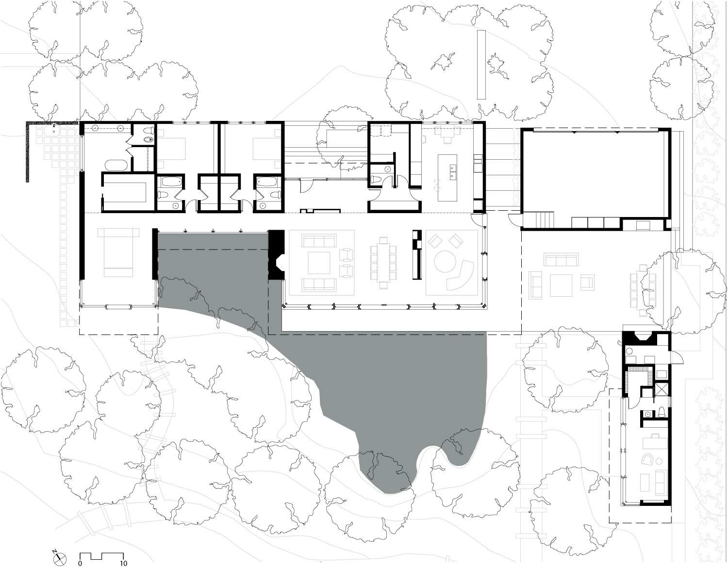 Floor Plan, Sustainable Retreat by the Pond in Atherton, California