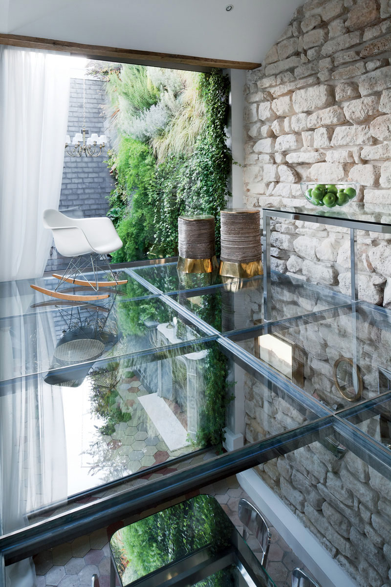 Glass Floor, Stone Wall, Stylish Two-Floor Apartment in Paris, France