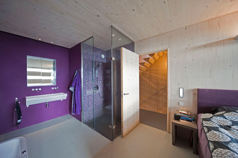 Glass Shower, Purple Walls, Bedroom, Eco-Friendly House in Amsterdam