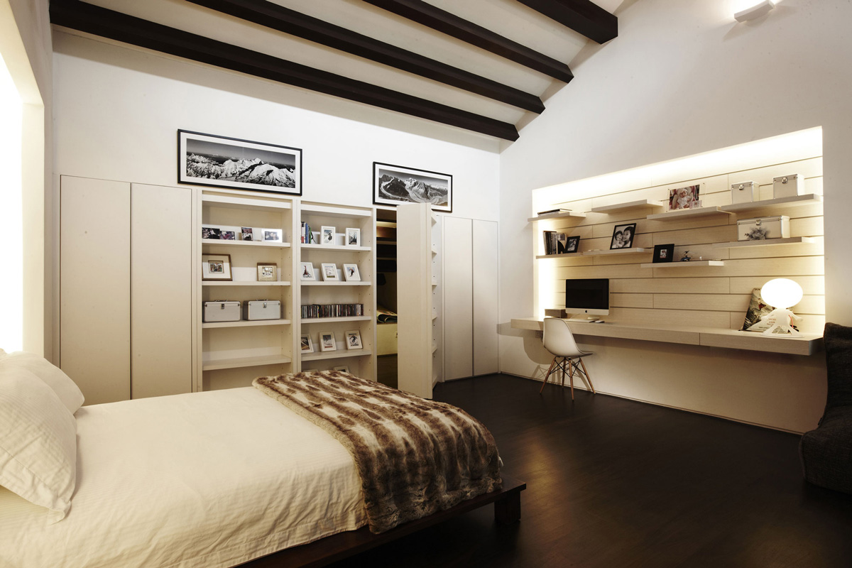 Bedroom, Beams, Shelves, Shop House Renovation in Singapore 