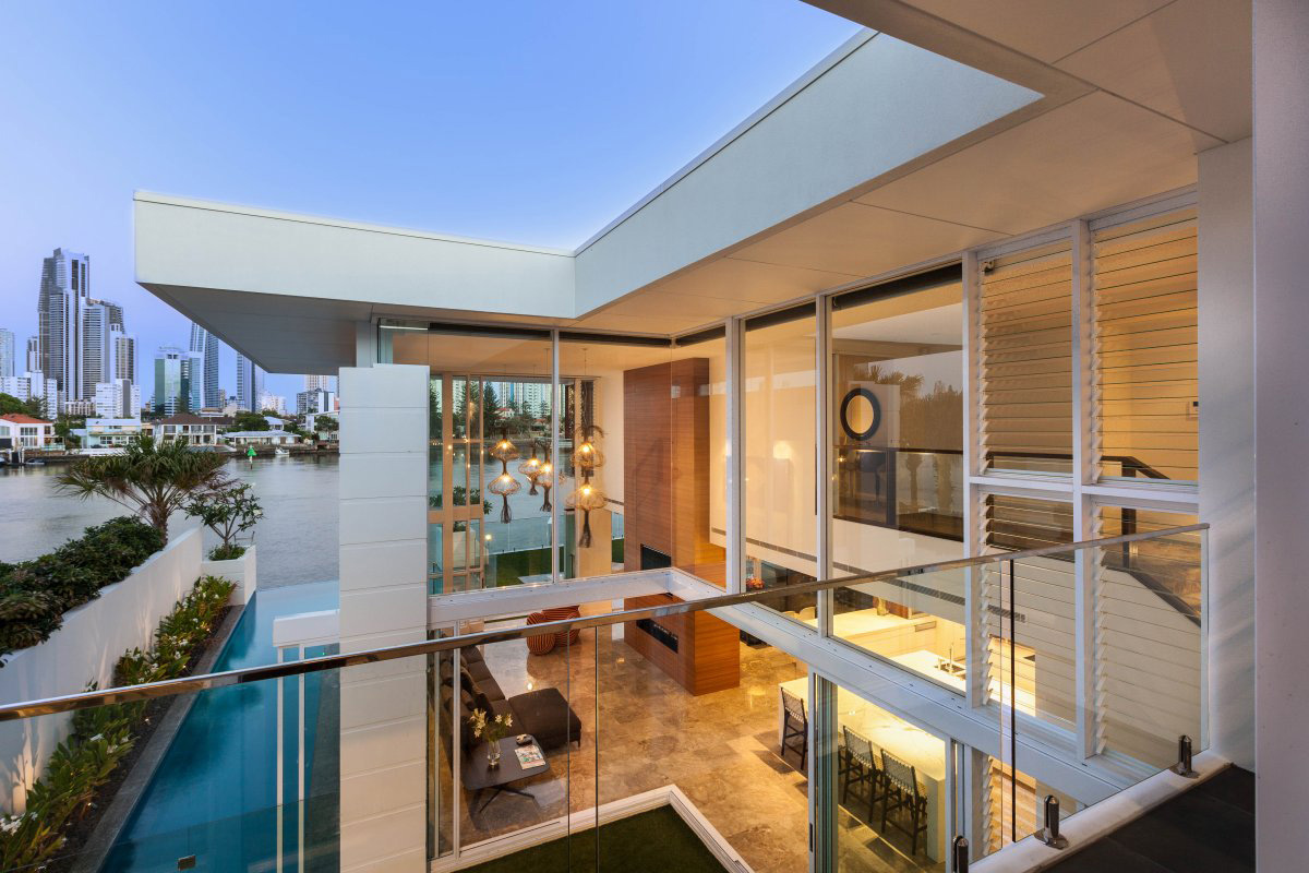 Balcony, Glass Balustrading, Stunning Waterfront Home in Queensland, Australia 