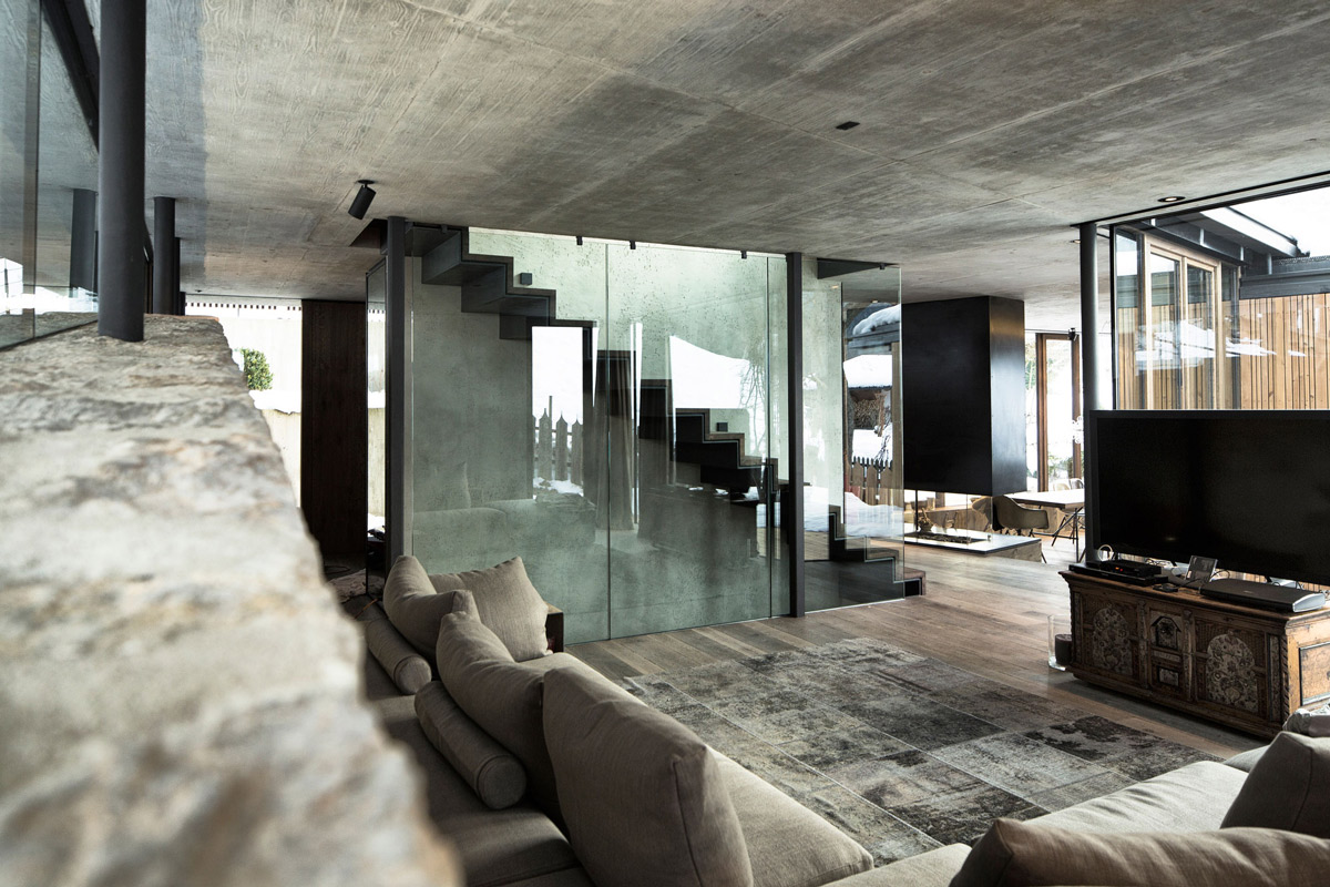 Living Room, Glass & Wood Stairs, Modern Home in the Mountains, Kitzbühel, Austria