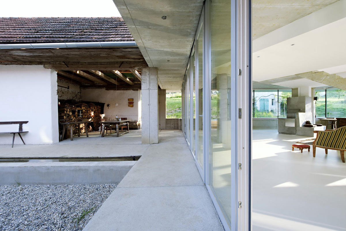 Wood Store, Terrace, Patio Doors, Old Farm House Renovation and Expansion in Burgenland, Austria