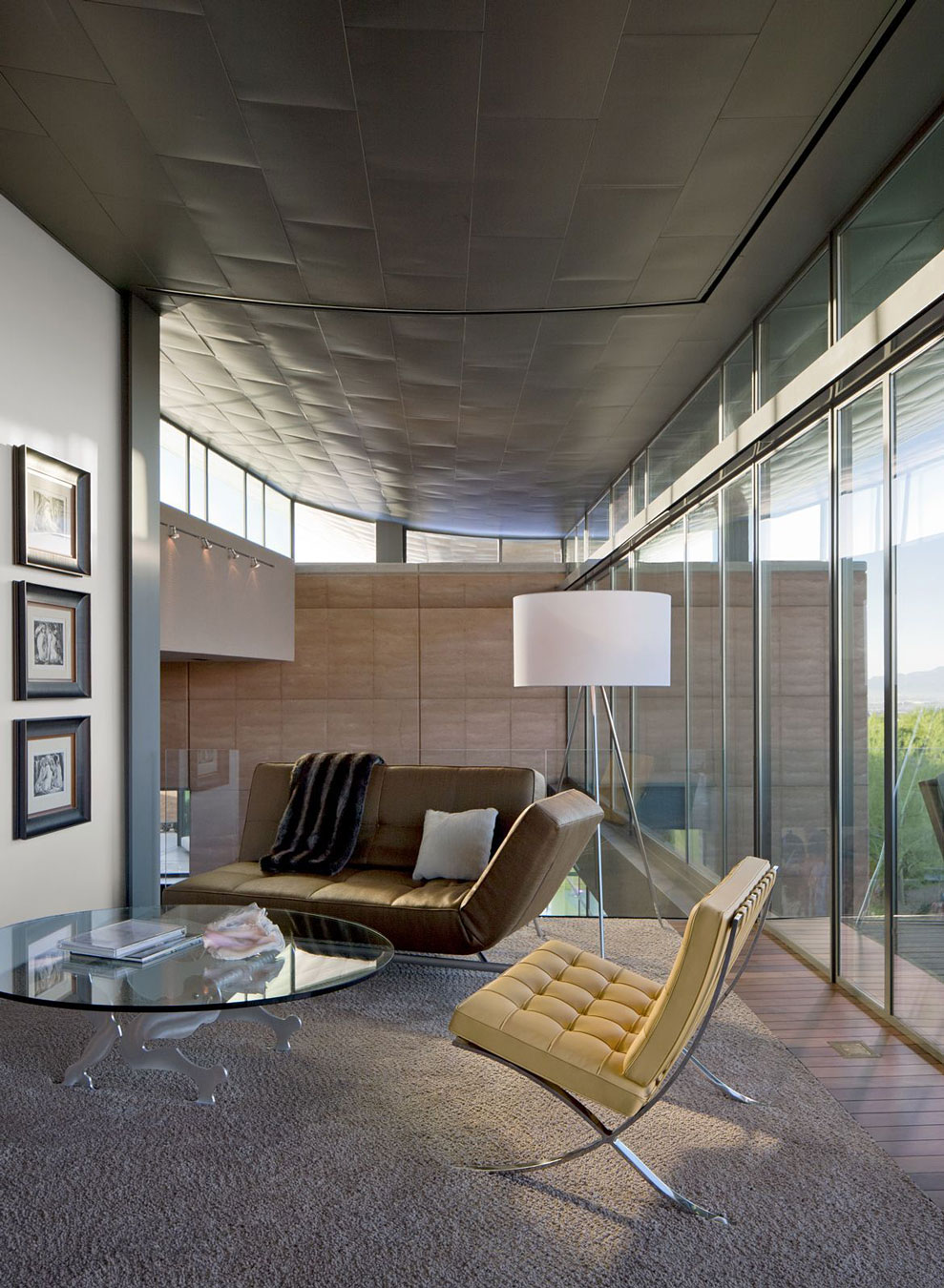 Brown Sofa, Living Space, Glass Walls, Massive Modern Home in Las Vegas