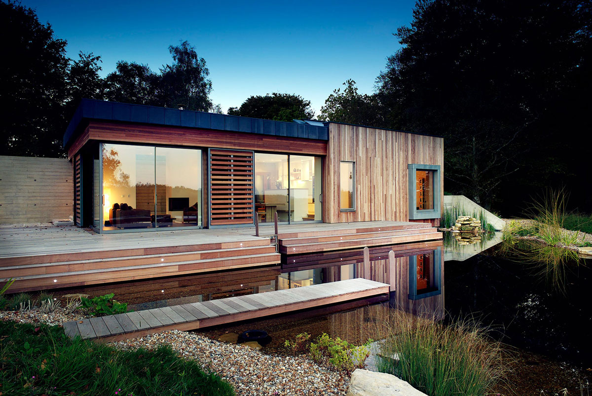 Evening Lighting, Pond, Terrace, Contemporary Home in the New Forest National Park, England