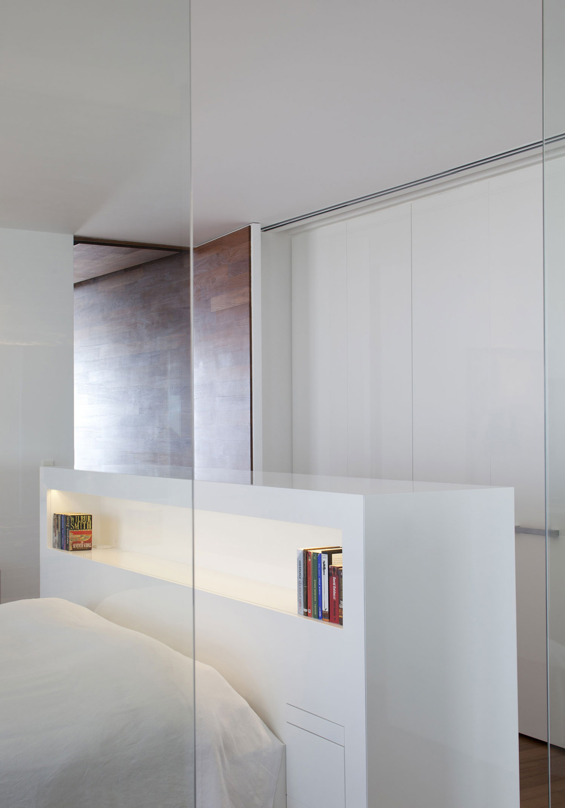 White Bedroom, Elegant Apartment with Reflective Ceiling in Tel Aviv, Israel