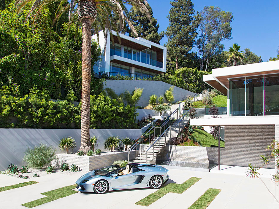 Driveway, Outdoor Stairs, Magnificent Modern Home on Sunset Strip