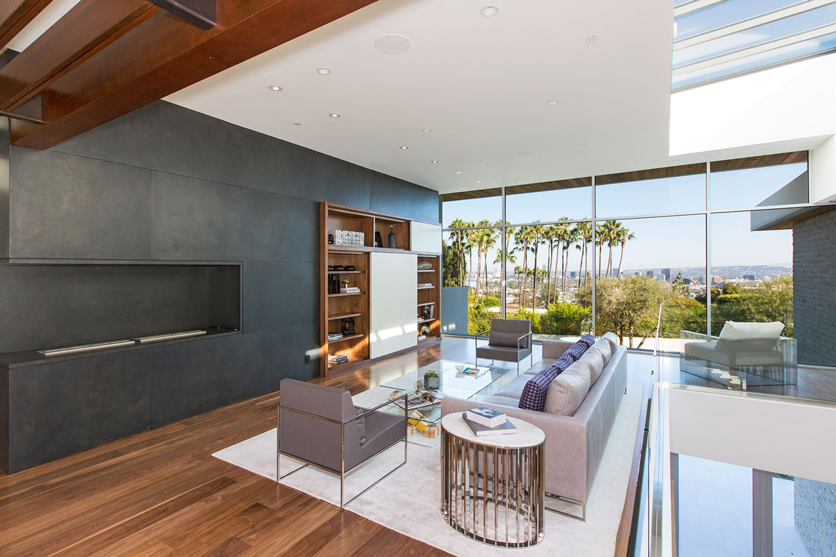 Modern Fireplace, Living Room, Magnificent Modern Home on Sunset Strip