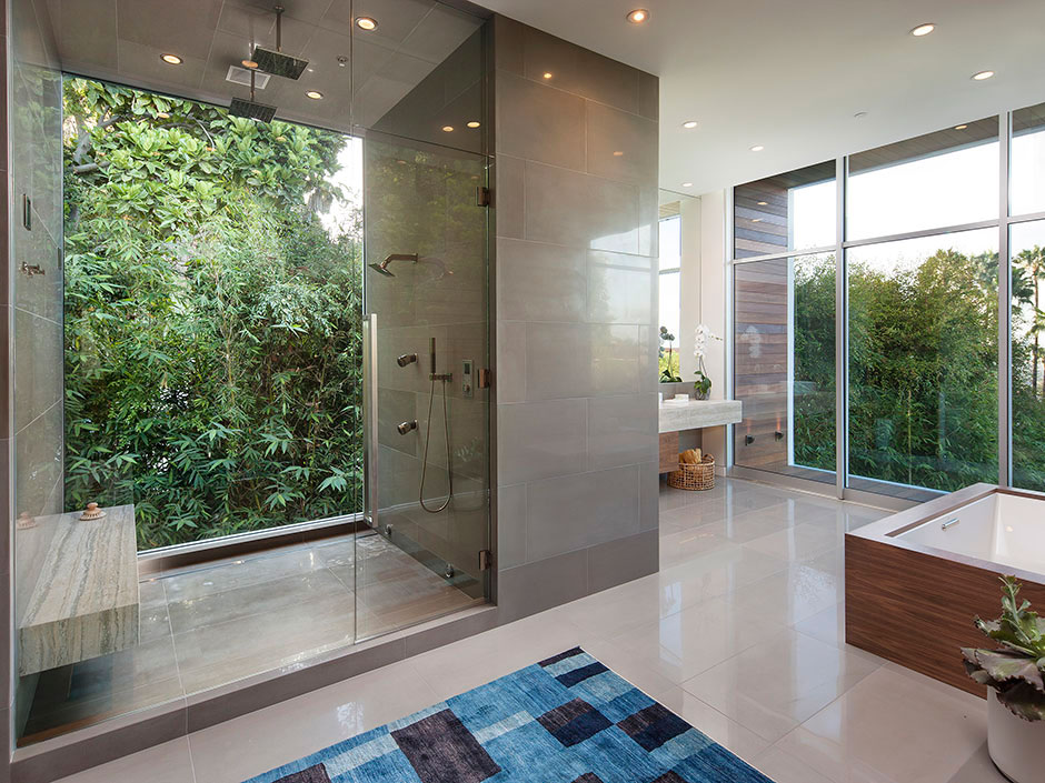 Shower Room, Glass Walls, Magnificent Modern Home on Sunset Strip