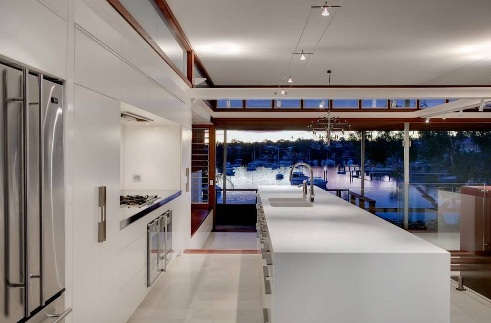 Kitchen Island, Water Views, Modern Waterfront Home in Sydney, Australia