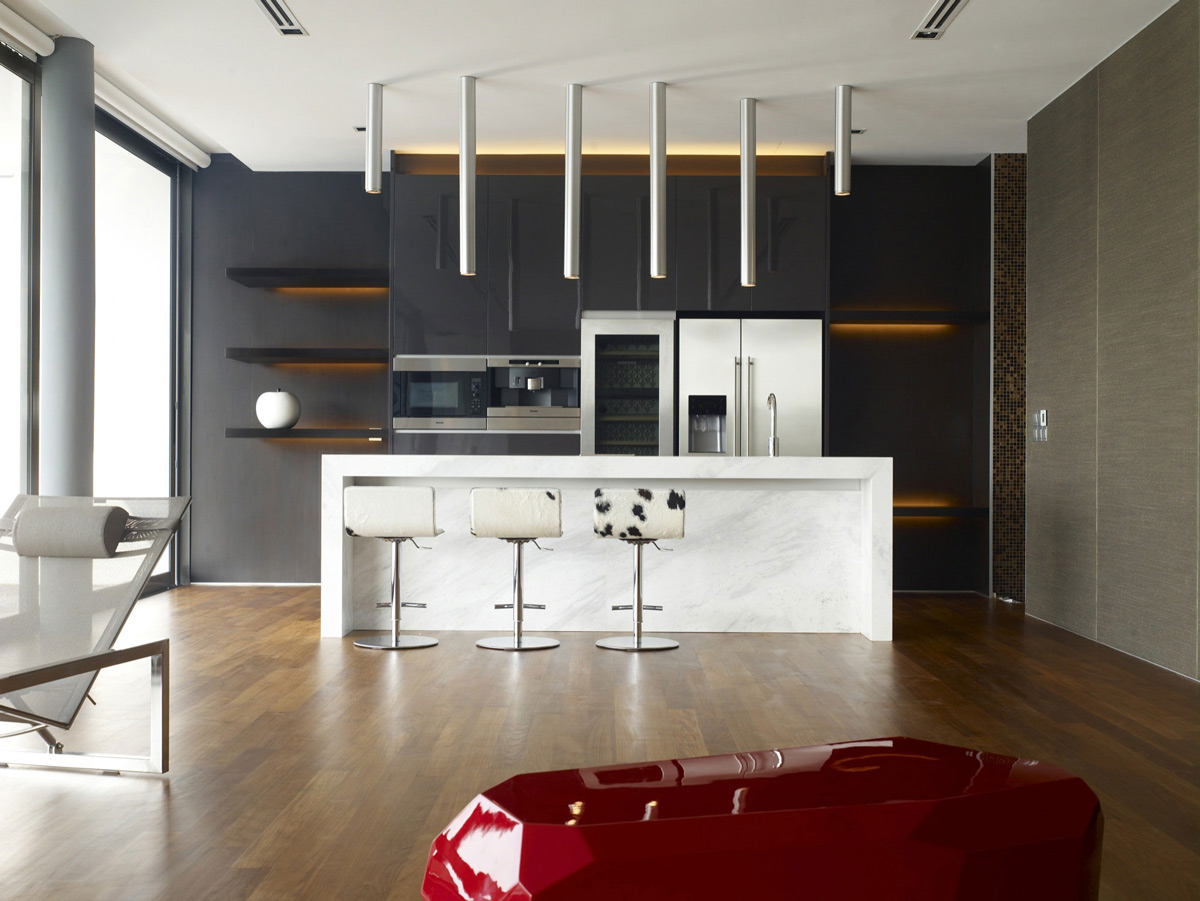 Marble Breakfast Bar, Kitchen, Lighting, Minimalist Contemporary Home in Singapore