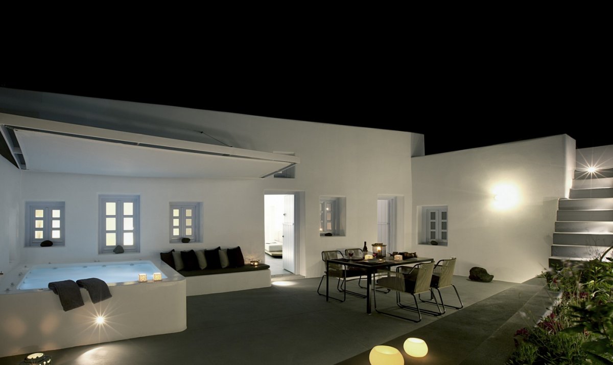 Evening, Courtyard, Outdoor Dining, Pool, Villa Renovation in Megalochori, Santorini