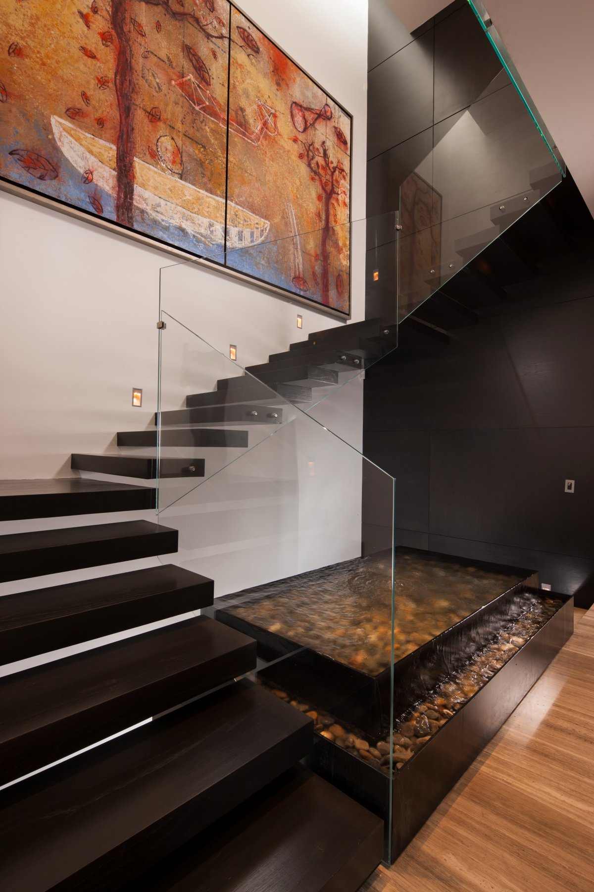 Water Feature, Glass & Wood Stairs, Art, Stylish Contemporary Home in Garza Garcia, Mexico