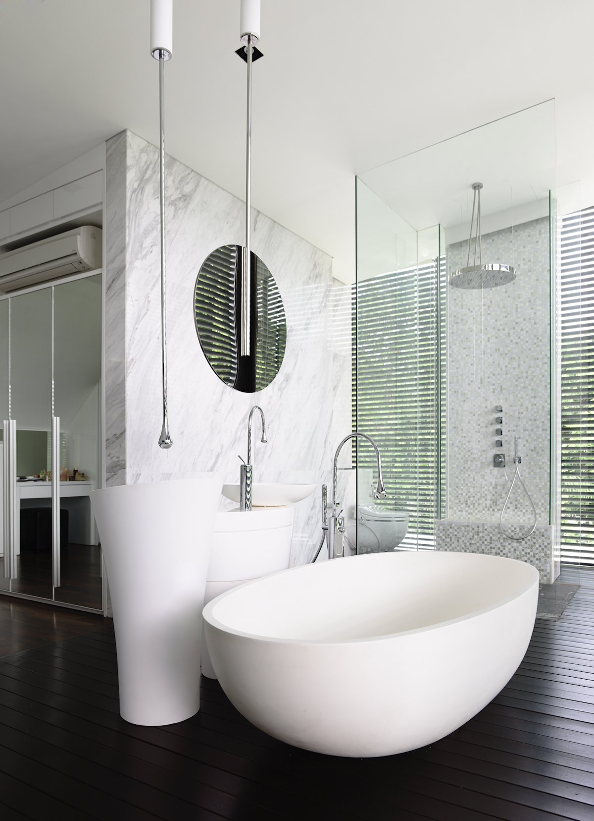 Black & White Bathroom, Glass Shower, Bath, Sink, Home in Singapore