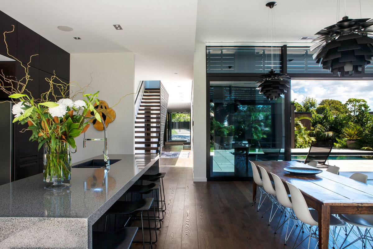 Wooden Dining Table, Lighting, Breakfast Bar, Modern House in Auckland, New Zealand